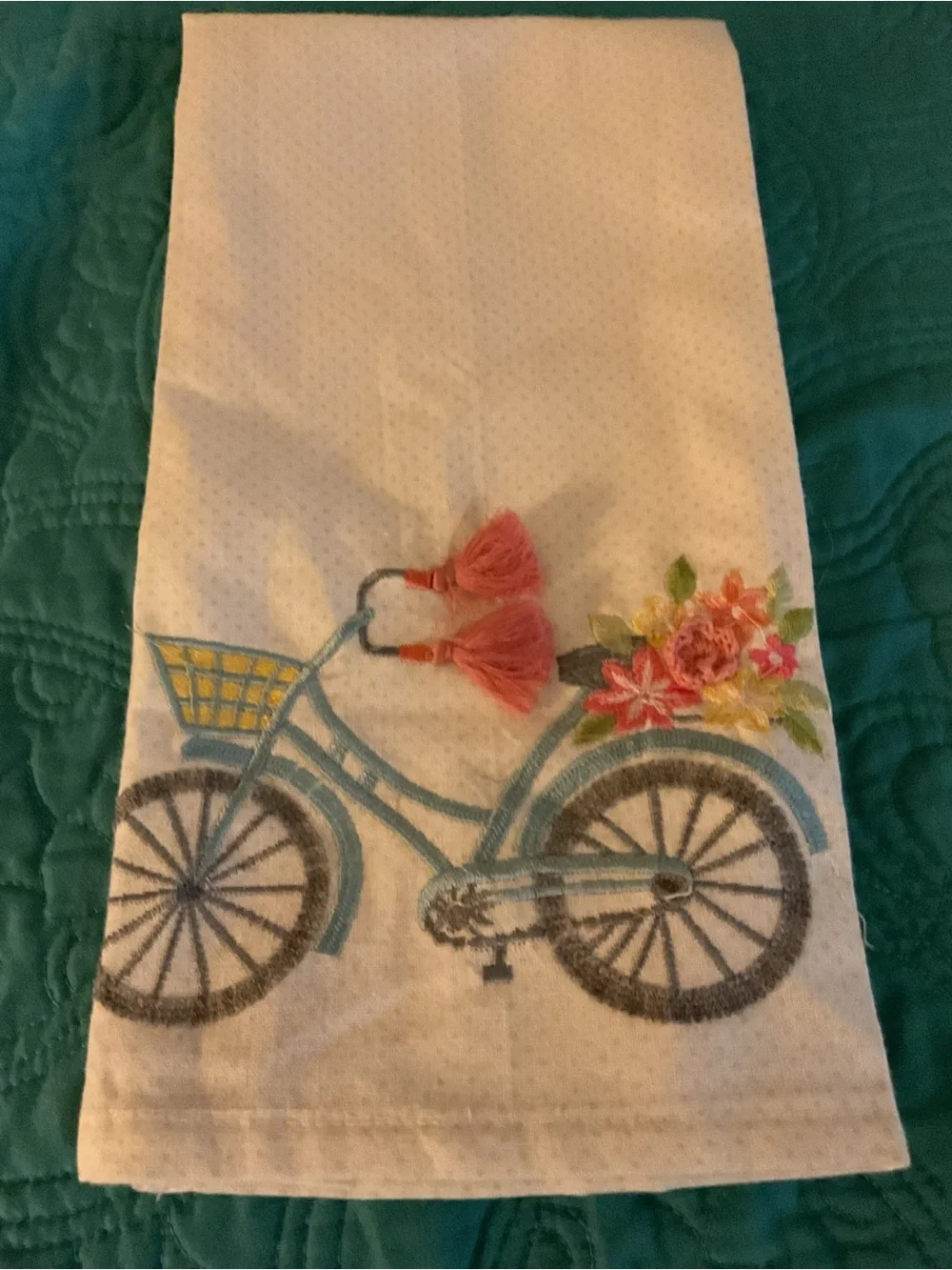 Embroidered Bicycle Cotton Kitchen Towel with Coral Tassels - White